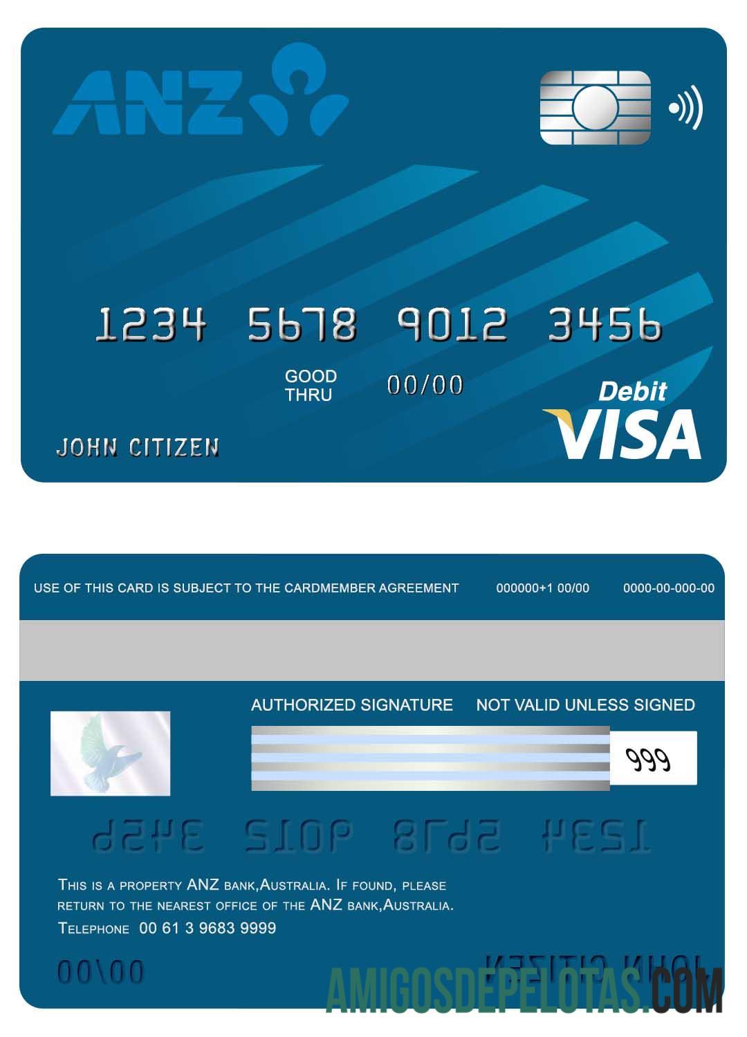 Cartão Visa do Banco ANZ da Austrália amostra